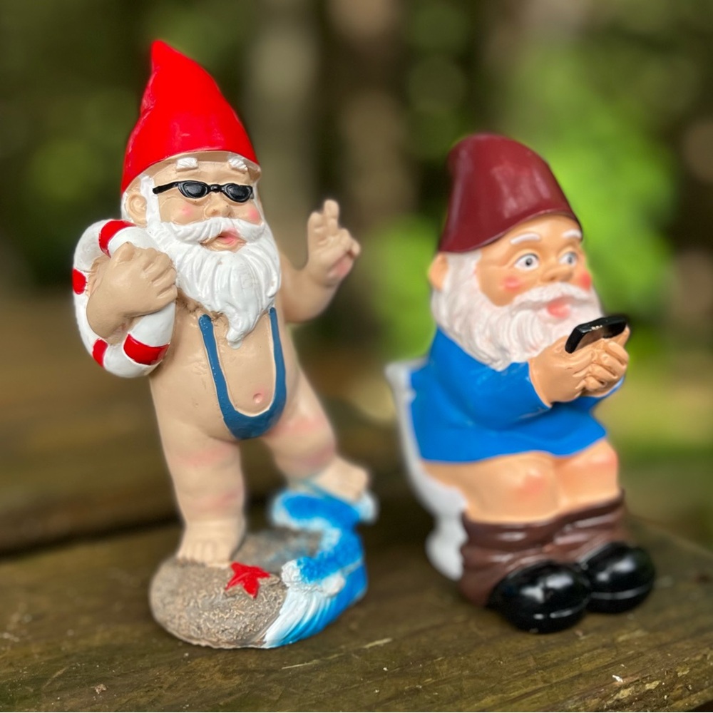 2 Collectible Funny Garden Gnome on Phone on Toilet & Beach Gnome